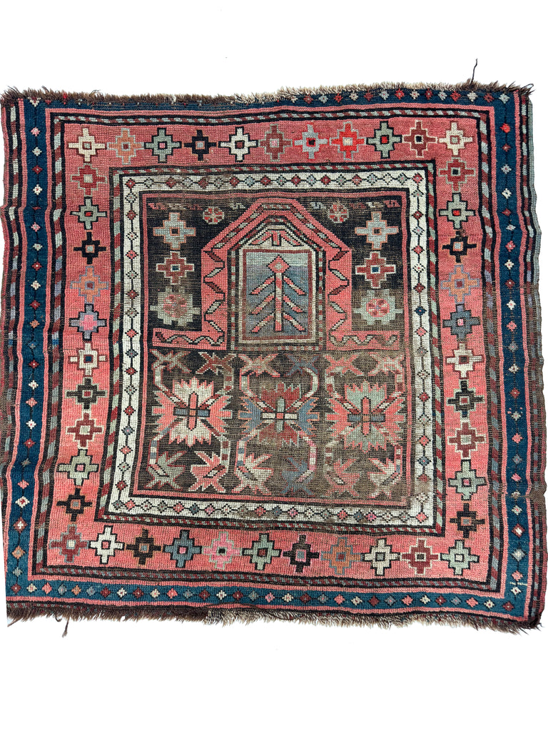 SMOKEY Black with Lovely Coral Worn Antique Prayer Rug from the Caucus Mountains | ~ 3 x 4 ish