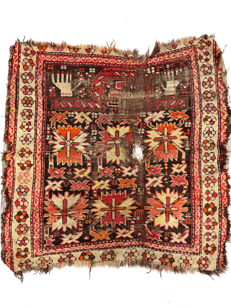 Marvelous Worn Caucasian Antique Prayer Rug | Charcoal, Rusty Orange, Wheat | ~ 3 x 3 Square-ish