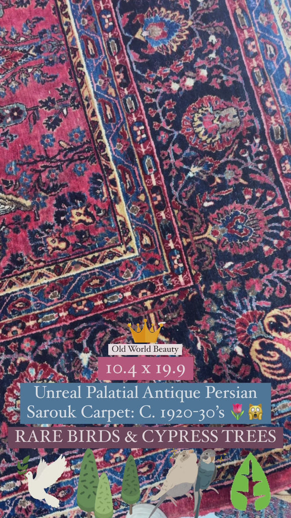 RESERVED FOR JENNIFER*** SENSATIONAL Palatial Antique Persian Sarouk with PARADISE BIRDS & CYPRESS TREES | Incredible Soft Plush Glossy Wool | 10.4 x 19.9