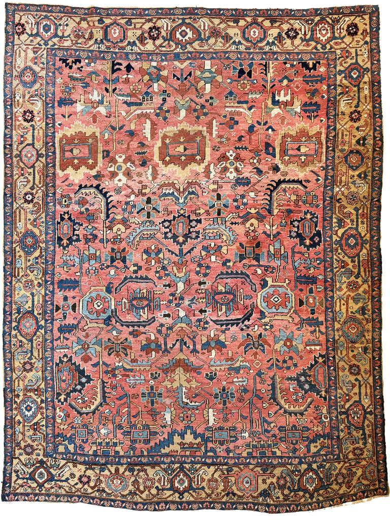 Coming Soon... WORLD CLASS Mint Condition Antique Heriz Village Carpet | Rare Camel Border with Coral Ground in Naive Harshang Design with Sickle Leaf Motif | 9.4 x 11.4