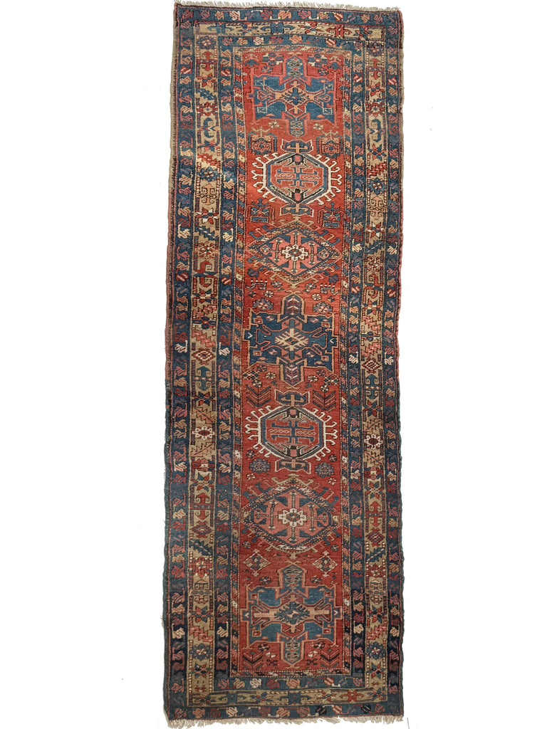 HANDSOME Antique Northwest Persian Heriz Runner | Rust, Camel, French Blue | 3.4 x 10.6