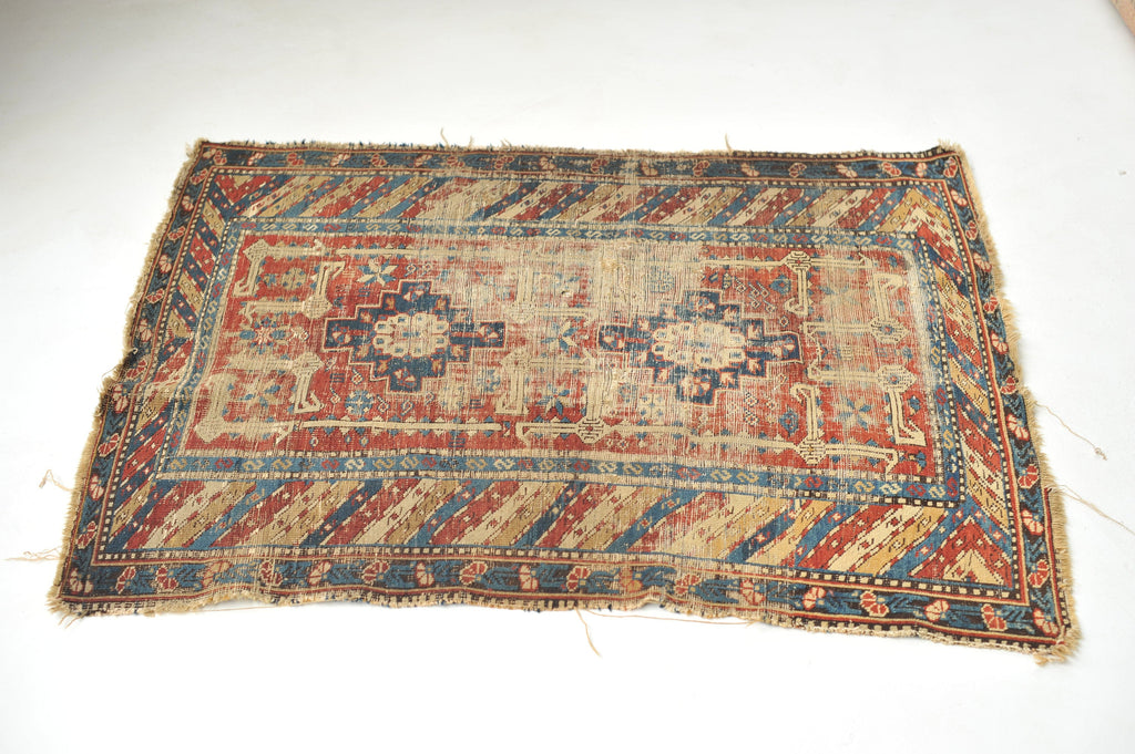 3.8 x 4.3 | Incredible Distressed Old Caucasian Antique rug | William